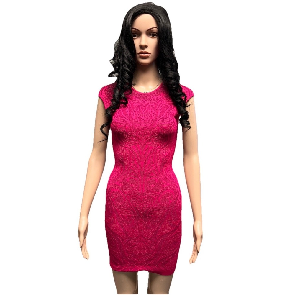 RVN Abstract Jacquard Mini Dress Pink bodycon Cap Sleeves Slimming XS